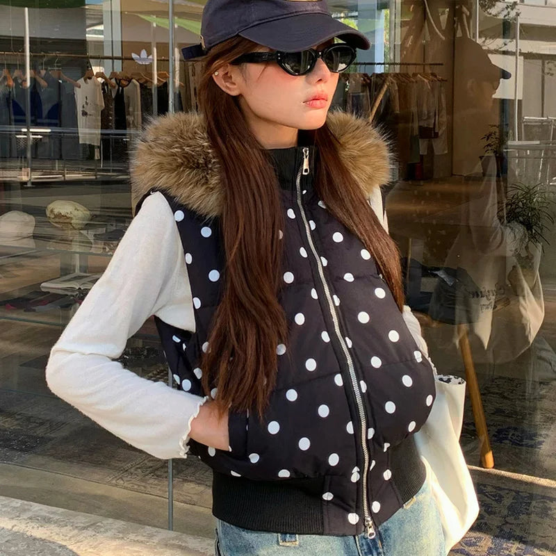 Women's Polka Dot Hooded Puffer Vest with Plush Trim