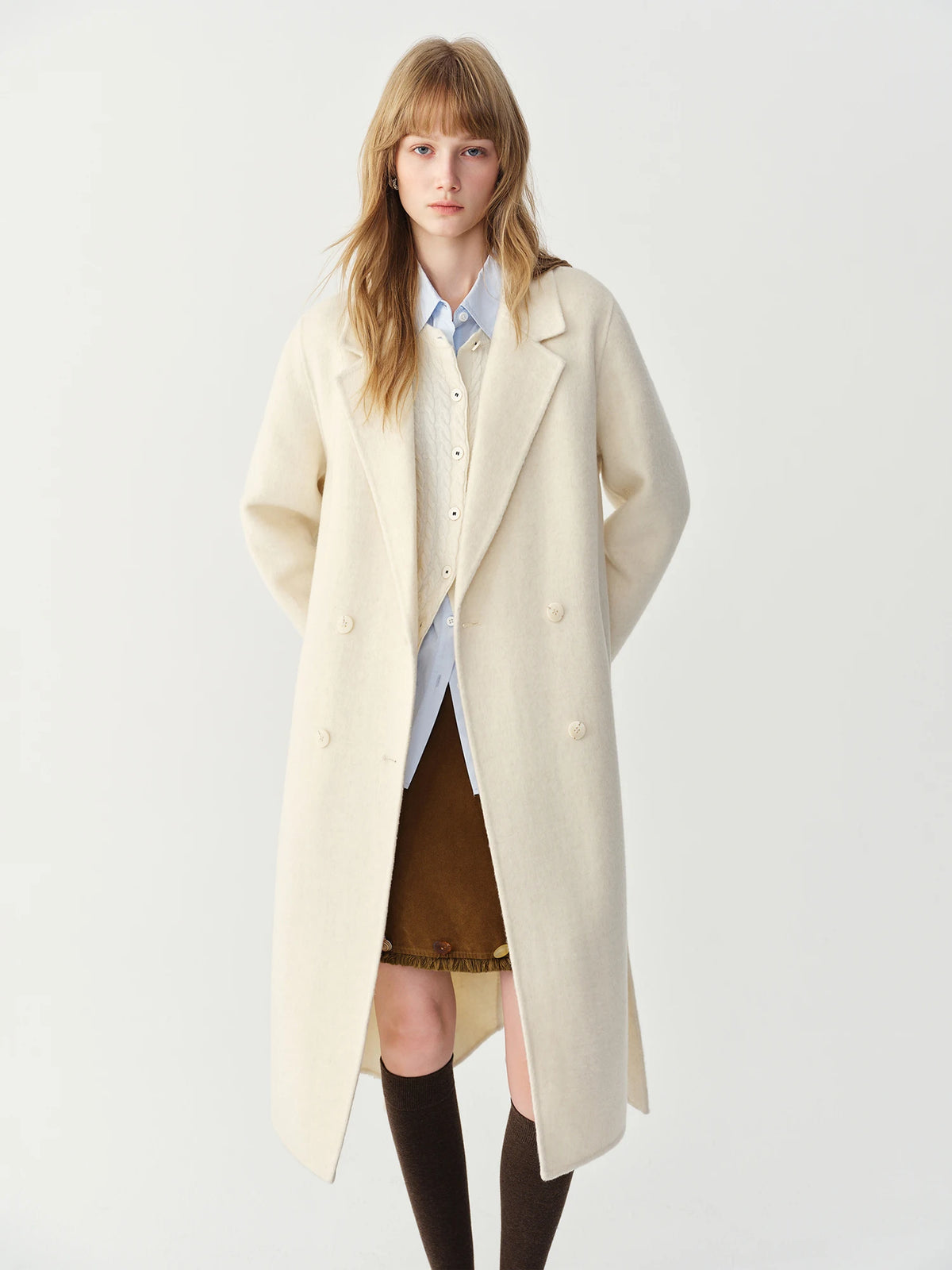 Women's 100% Wool Double-Breasted Overcoat – Turn-Down Lapel, Mid-Long, Wide Waist