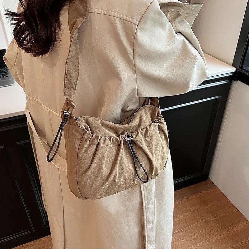 Nylon Small Shoulder Bag Women Soft Underarm Zipper Drawstring Outer Pocket Bag