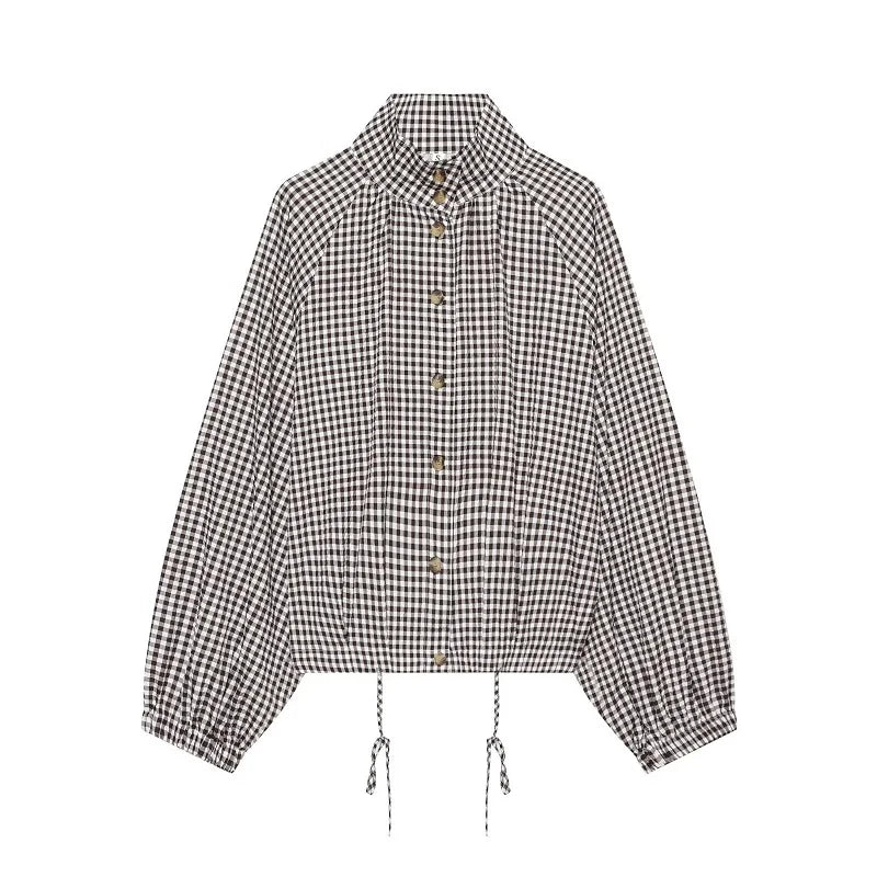 Women's Jacket Plaid Turtleneck Single-Breasted Button Full-Sleeve Loose Demi-Season Bomber Coat