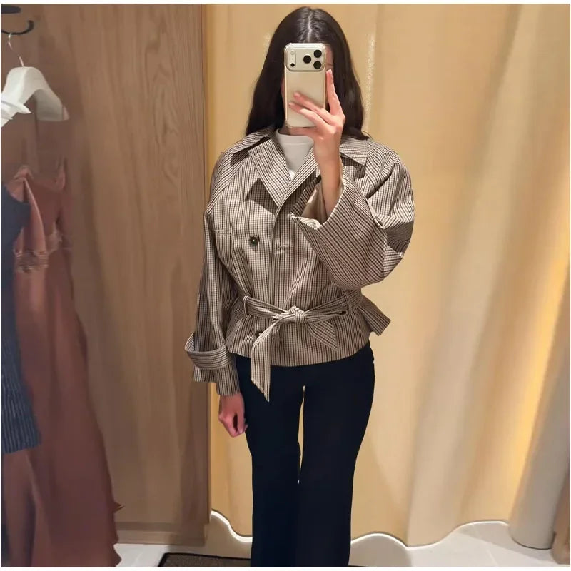 Women's Jacket Polyester Plaid Loose Stand Collar Full-Zip Full-Sleeve Casual Autumn Outerwear