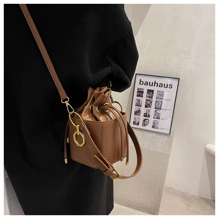 Mini Box Bucket Bags Women Pu Leather Drawstring Top Adjustable Handle Square