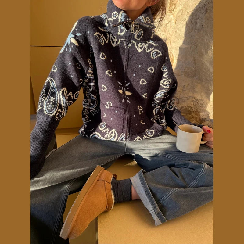Casual Knit Printed Sweater Women Autumn Winter Loose Stand Collar Long Sleeve Button Knitwear Female 2026 Chic Lady Cardigan
