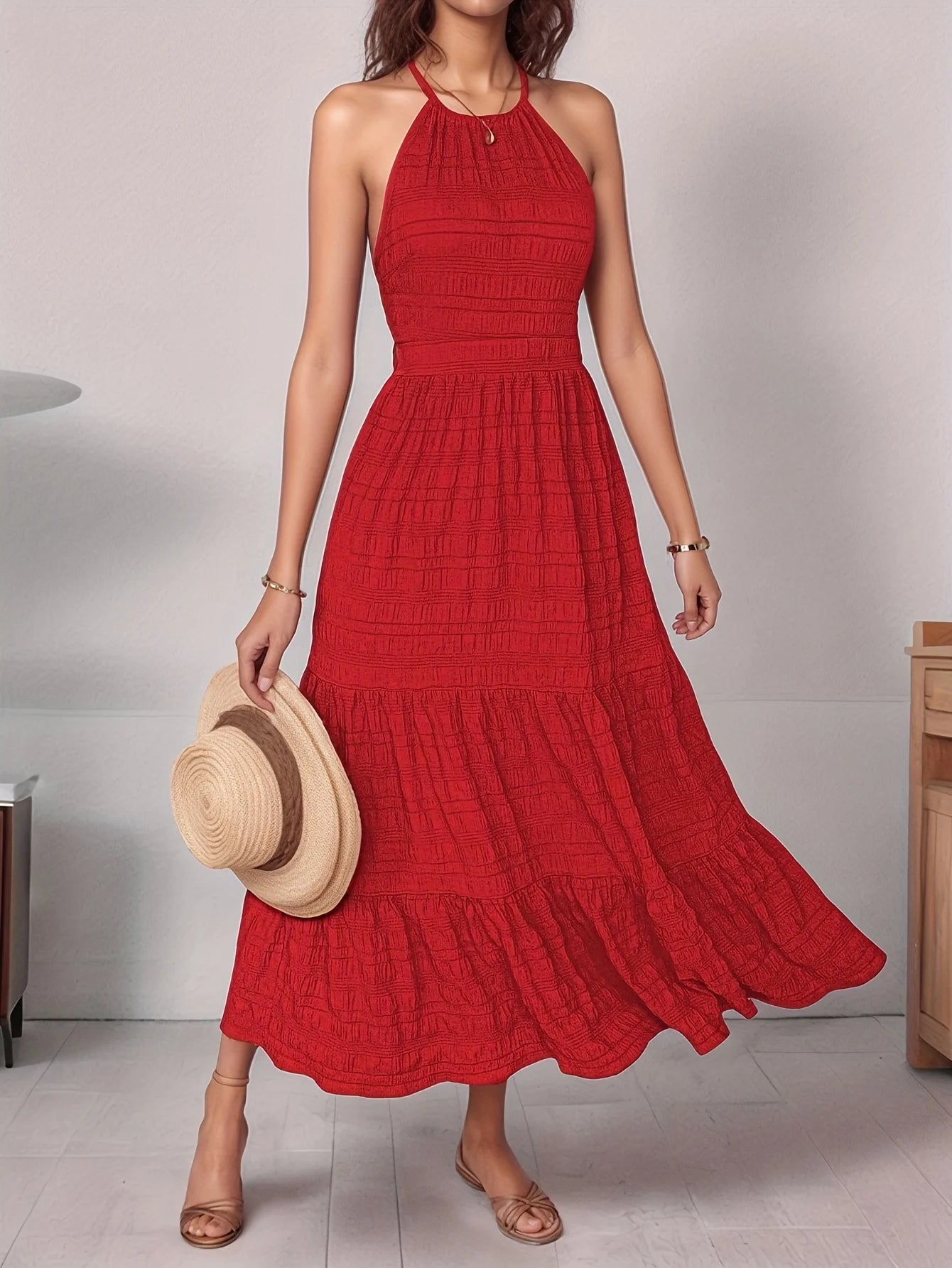 Off-Shoulder Backless Maxi Dress – Sleeveless Ruffle Holiday Dress