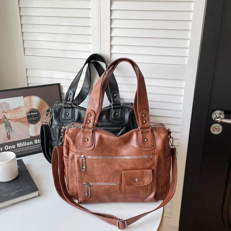 Women's Vintage PU Leather Tote Bag - Top Handle, Large Capacity, Crossbody