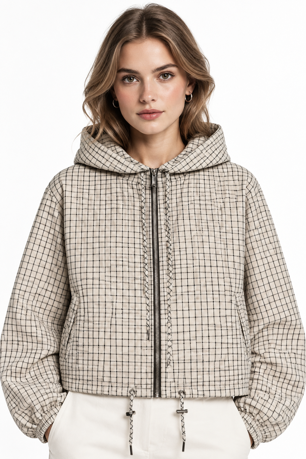 Women's Jacket Plaid Hooded Full-Zip Loose Turn-Down Collar Full-Sleeve Varsity Bomber Coat