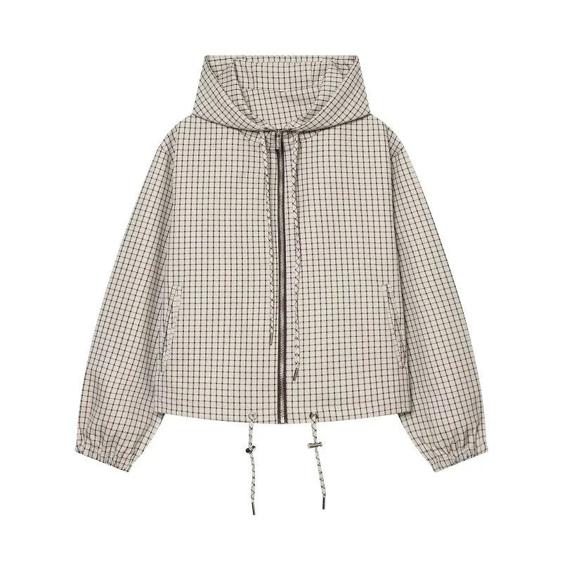 Women's Jacket Plaid Hooded Full-Zip Loose Turn-Down Collar Full-Sleeve Varsity Bomber Coat