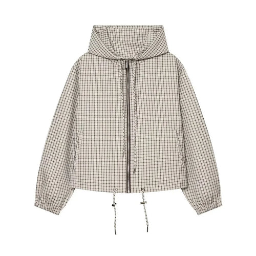 Women's Jacket Plaid Hooded Full-Zip Loose Turn-Down Collar Full-Sleeve Varsity Bomber Coat