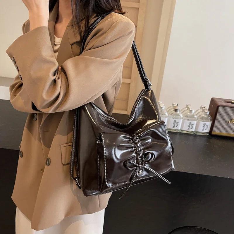 Leather Shoulder Bags Medium Women Flap Bow Drawstring Outer Pocket Zip Backpack