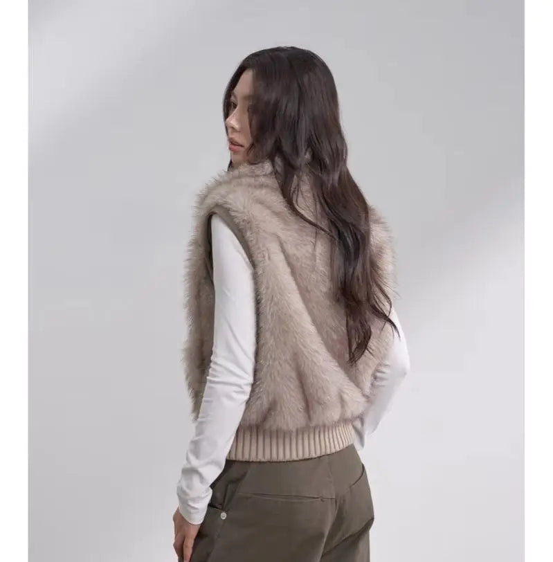Women's Cropped Faux Fur Jacket with Ribbed Knit Sleeves