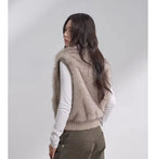 Women's Cropped Faux Fur Jacket with Ribbed Knit Sleeves