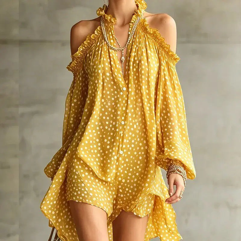 Women Polka Dot Chiffon Mini Dress Party Cocktail Short Dress Halter Cold Shoulder Long Sleeve Loose Fit