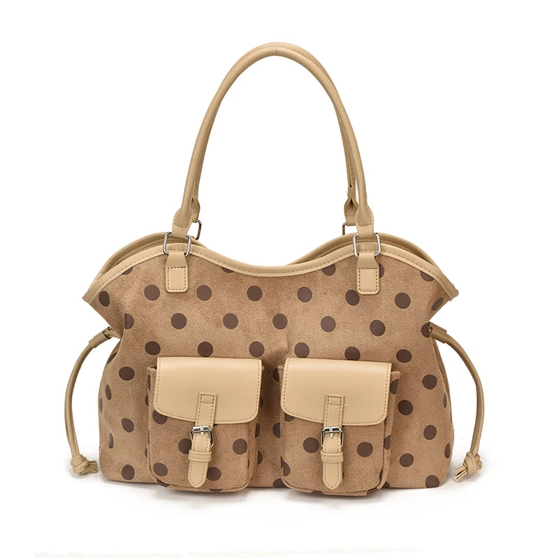Women's Tote Bag Vintage Dot-Pattern Faux PU Leather Zipper Shoulder Bag with Phone Pocket