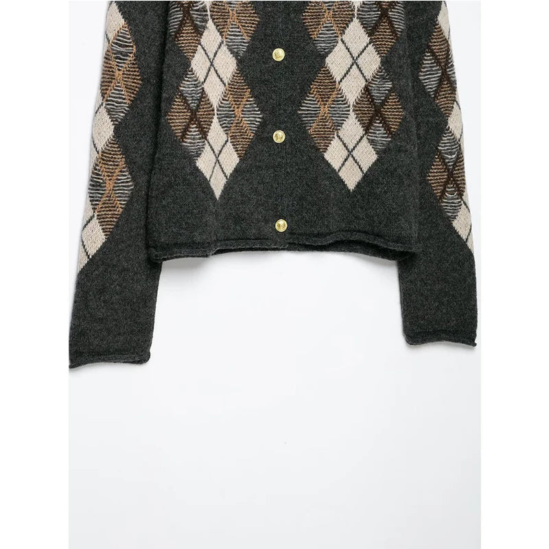 Women's Diamond Argyle Knit Button-Front Cardigan Casual Fashion Sweater