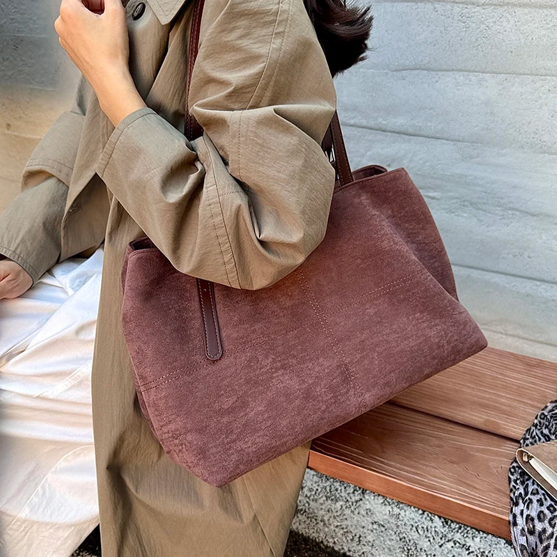 Women's Tote Bag Vintage Soft Faux-Suede Zipper Shoulder Bag with Phone Pocket