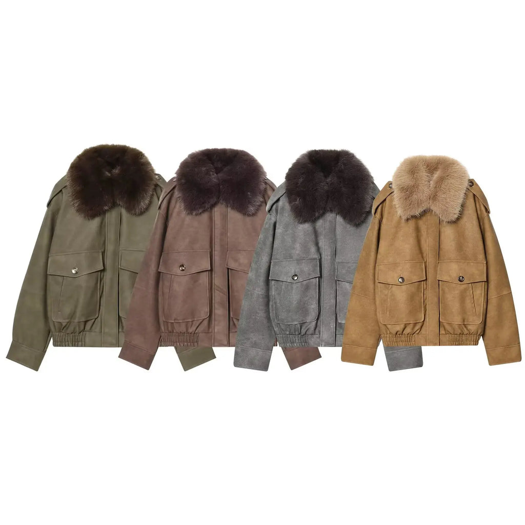 Women's  Faux Fur Collared Zip-Up Jacket with Pockets
