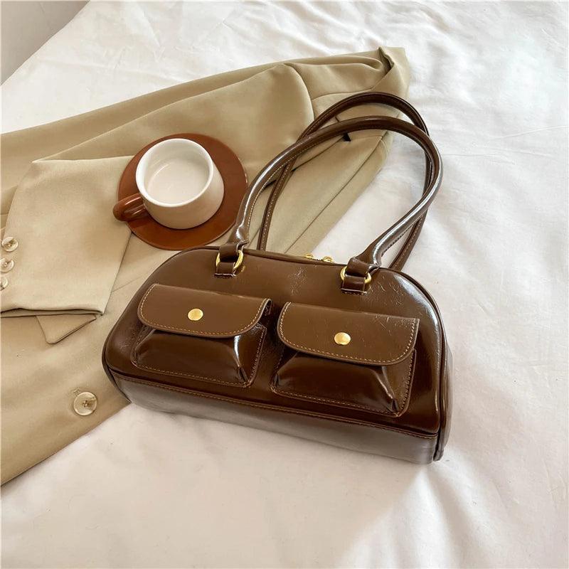 Double Snap Pockets Retro Leather Shoulder Bags Women Zipper Tote Handbags