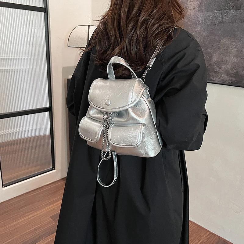 Small Backpacks Chain Drawstring Flap Leather Women's Outer Flap Pockets Bags