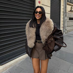 Women's Coat Vintage Faux Leather Big Fur Collar Double-Breasted Loose Full-Sleeve Thick Outerwear Jacket