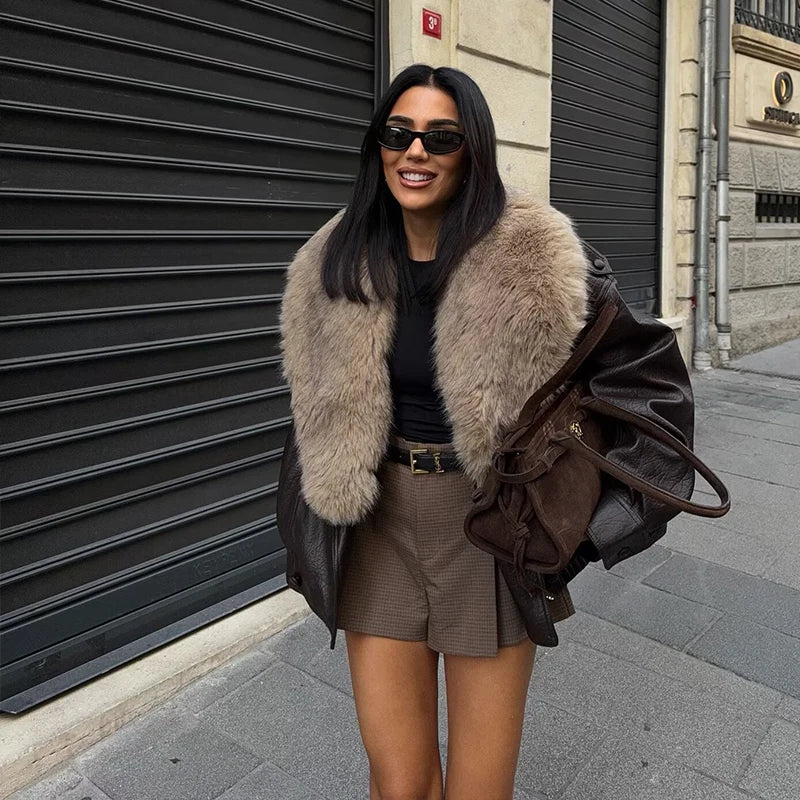Women's Coat Vintage Faux Leather Big Fur Collar Double-Breasted Loose Full-Sleeve Thick Outerwear Jacket