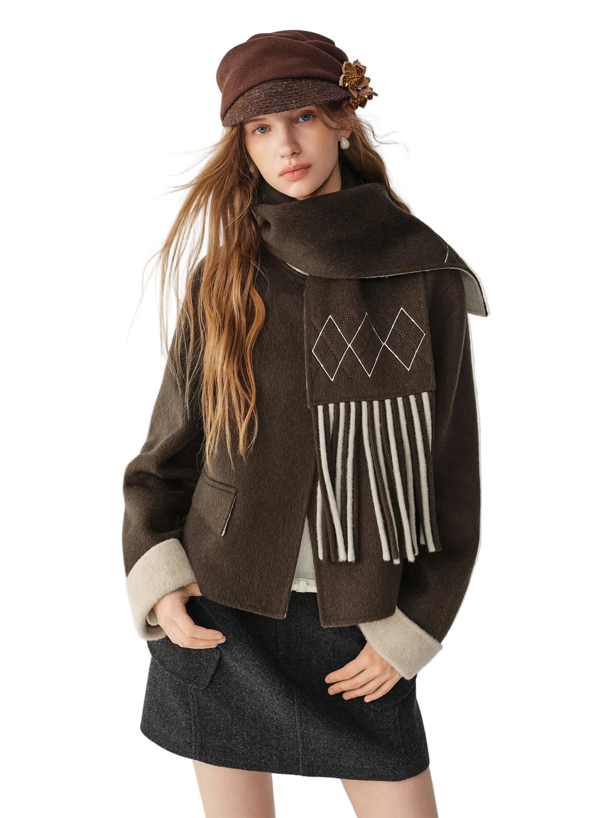 Women's 100% Wool Double-Faced Short Coat – Round Neck, Fringe Scarf, Wide Waist