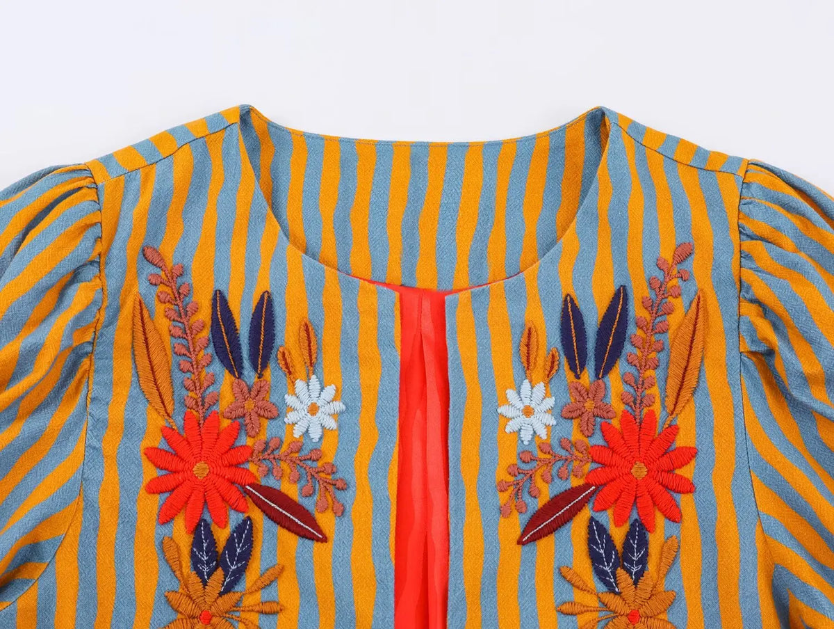 Women Fashion Striped Open Stitch Jackets Coats Vintage O-Neck Long Sleeves Female Chic Lady Outfits