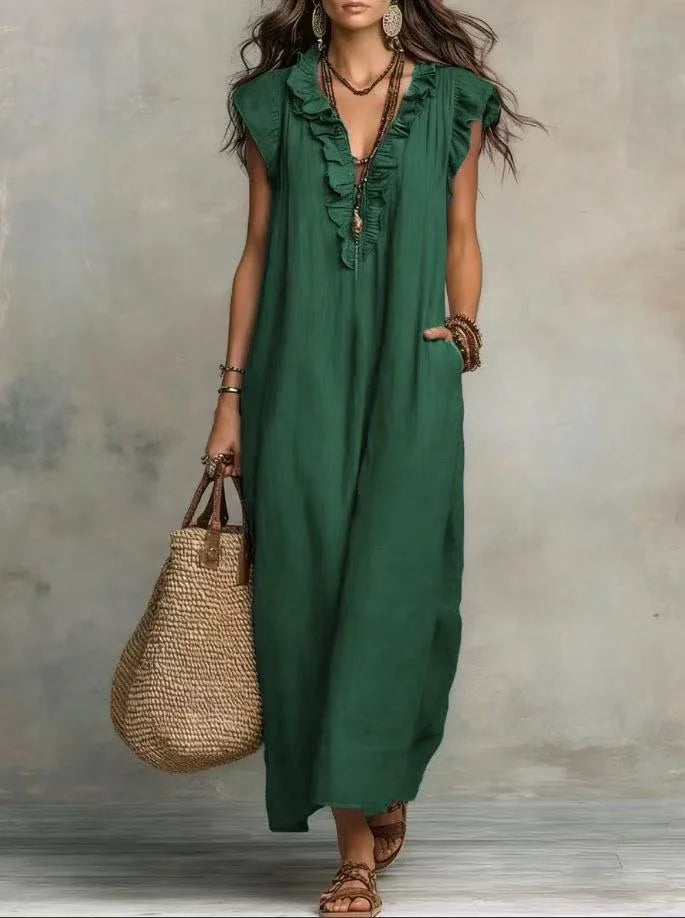 Boho Maxi Dress with Pockets – Ruffle V-Neck Sleeveless Beach Dress