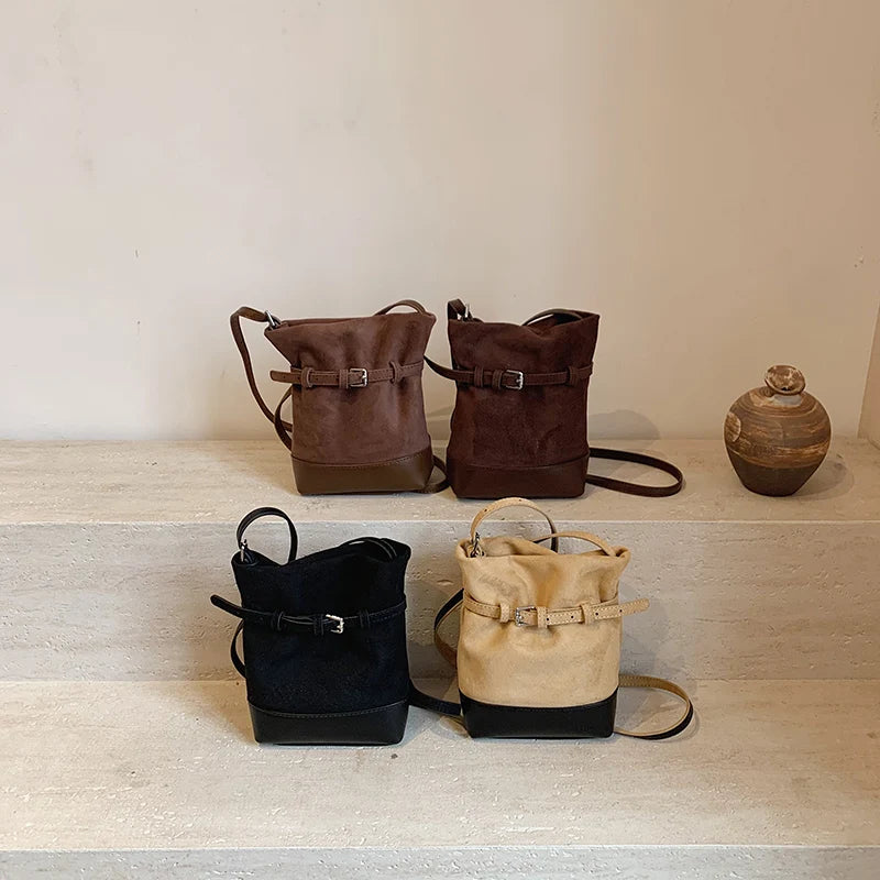 Mini Bucket Bags Suede Leather Crossbody Women Snap Soft Matte Belted Handbags