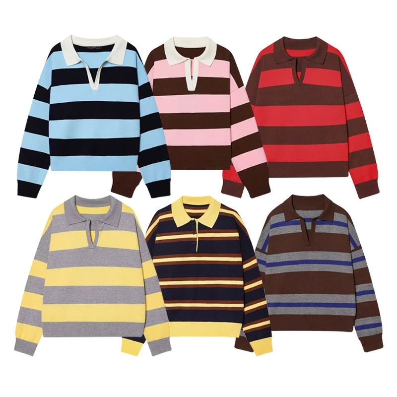 Women's Striped Polo Sweater Casual Long Sleeve Loose Pullover