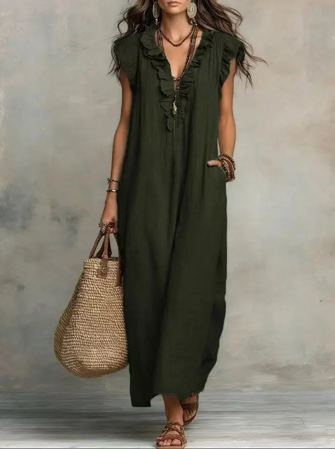 Boho Maxi Dress with Pockets – Ruffle V-Neck Sleeveless Beach Dress