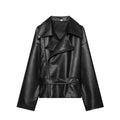 Women's Jacket Vintage Belted Faux PU Leather Front-Zip Turn-Down Lapel Full-Sleeve Casual Coat