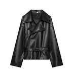 Women's Jacket Vintage Belted Faux PU Leather Front-Zip Turn-Down Lapel Full-Sleeve Casual Coat