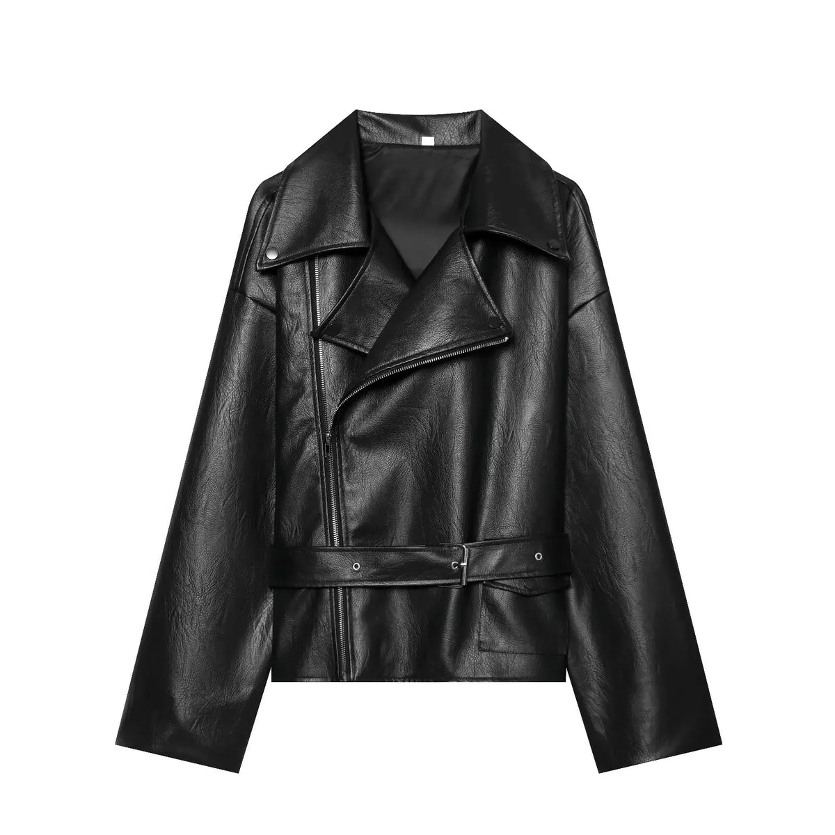 Women's Jacket Vintage Belted Faux PU Leather Front-Zip Turn-Down Lapel Full-Sleeve Casual Coat