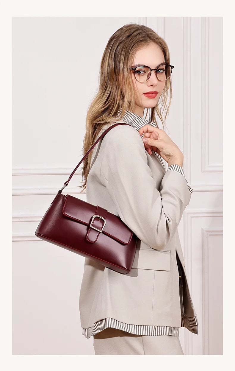 Women's Genuine Leather Baguette Shoulder Bag – Vintage Cowhide Crossbody