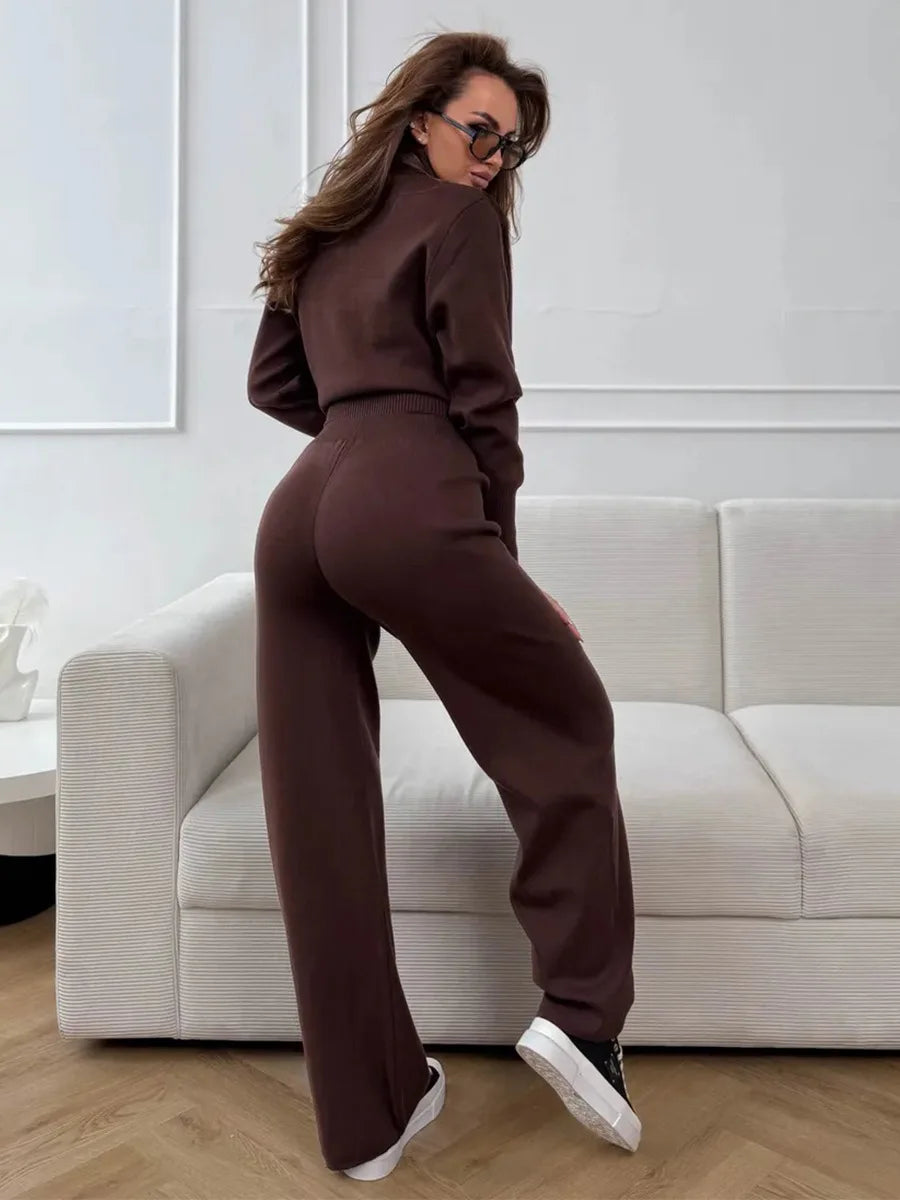 Women's Knit 2-Piece Set Zip-Up Stand Collar Cardigan Wide-Leg Ankle Pants Office Lady Autumn Winter Outfit