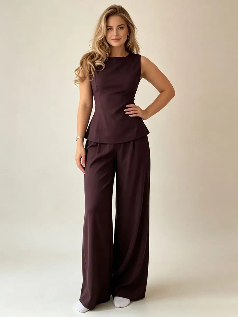 2026 Women Casual Set Elegant Back Tie Sleeveless Peplum Top + Wide Leg Pants 2 Pieces