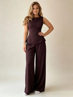 2026 Women Casual Set Elegant Back Tie Sleeveless Peplum Top + Wide Leg Pants 2 Pieces
