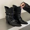 Women's Black Buckle Ankle Boots with Block Heels