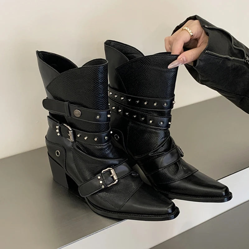 Women's Black Buckle Ankle Boots with Block Heels