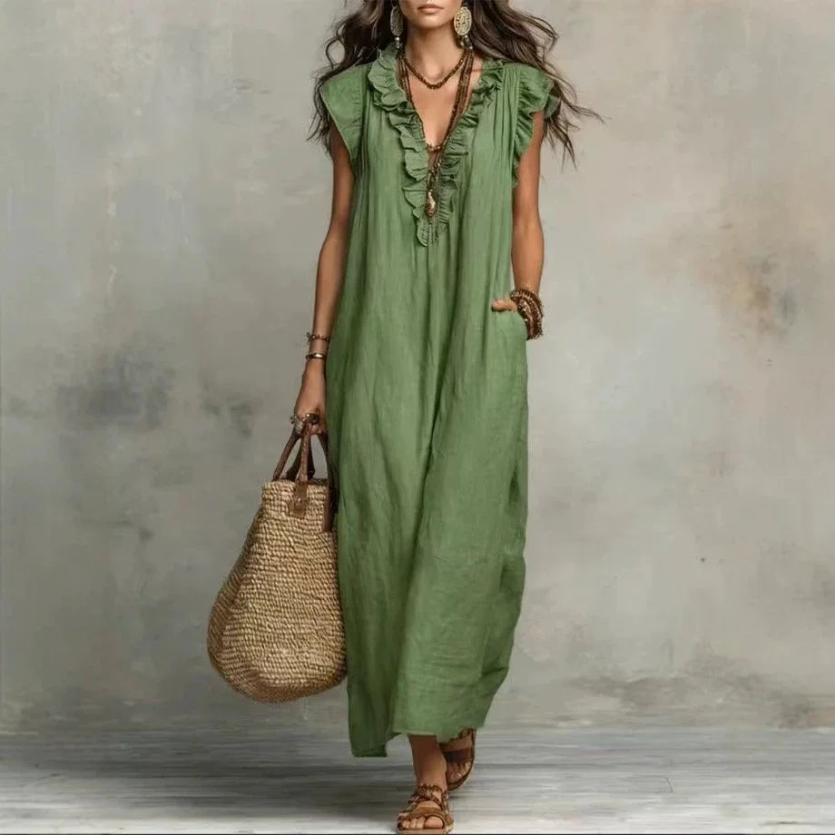 Boho Maxi Dress with Pockets – Ruffle V-Neck Sleeveless Beach Dress