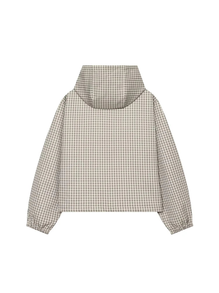 Women's Jacket Plaid Hooded Full-Zip Loose Turn-Down Collar Full-Sleeve Varsity Bomber Coat