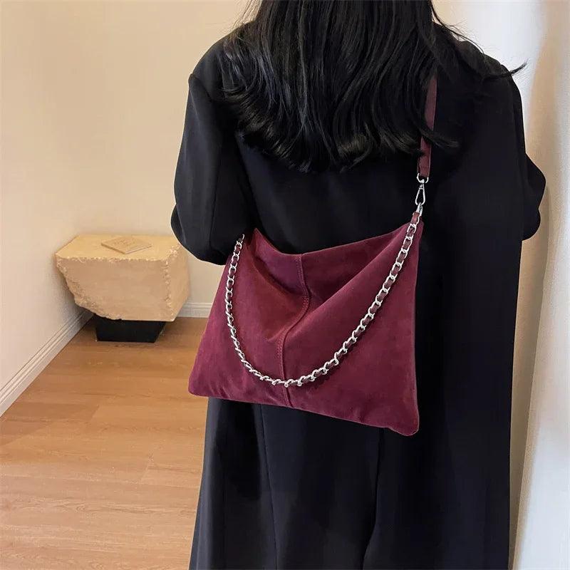 Large Shoulder Bags Nubuck Soft Leather Chain Strap Zipper Women Purses