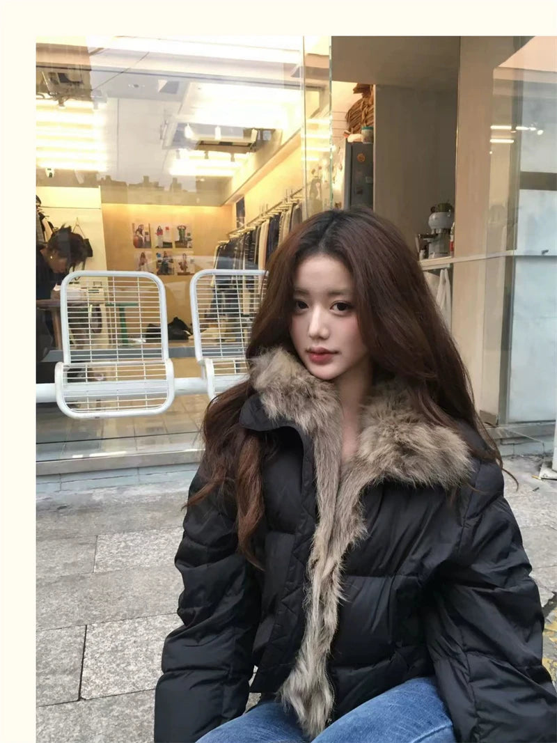 Women's Cropped Puffer Jacket with Faux Fur Collar