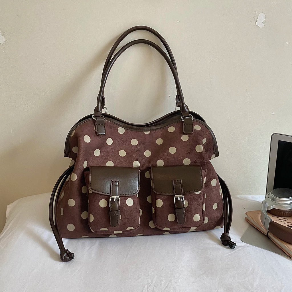 Women's Tote Bag Vintage Dot-Pattern Faux PU Leather Zipper Shoulder Bag with Phone Pocket