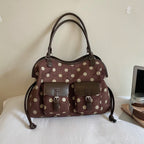 Women's Tote Bag Vintage Dot-Pattern Faux PU Leather Zipper Shoulder Bag with Phone Pocket