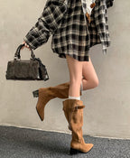 Women's Faux Suede Knee-High Boots with Buckle Detail