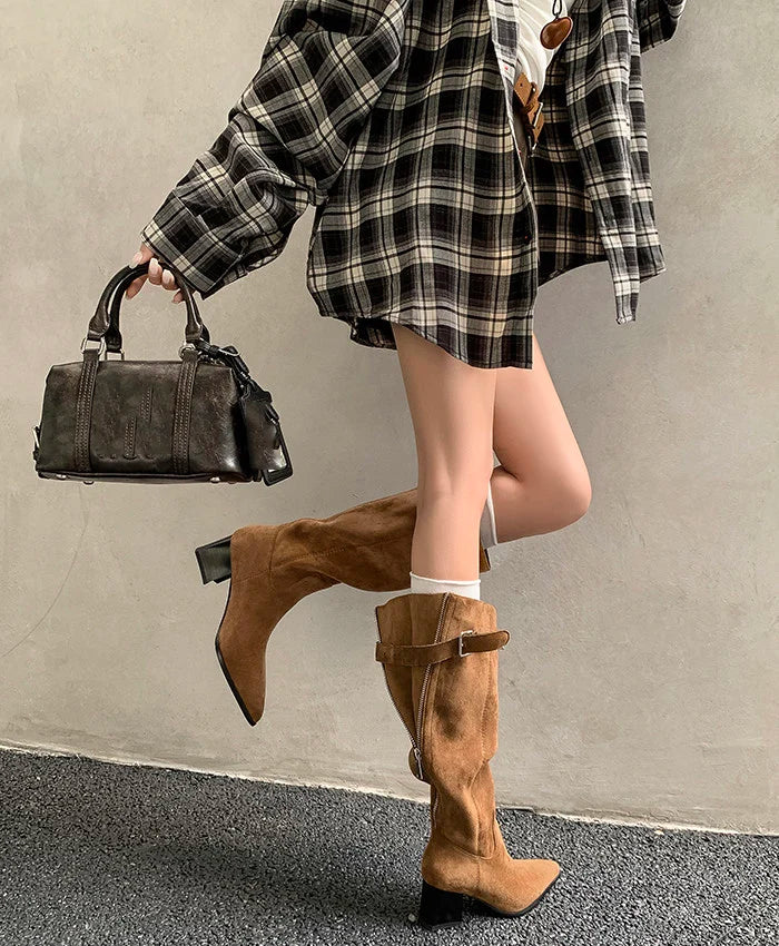 Women's Faux Suede Knee-High Boots with Buckle Detail