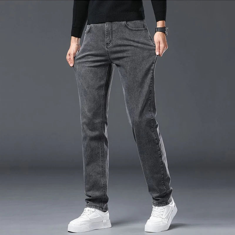 Men's Jeans Slim Straight Leg Mid-Rise Smart Casual Garment-Washed Denim Pants