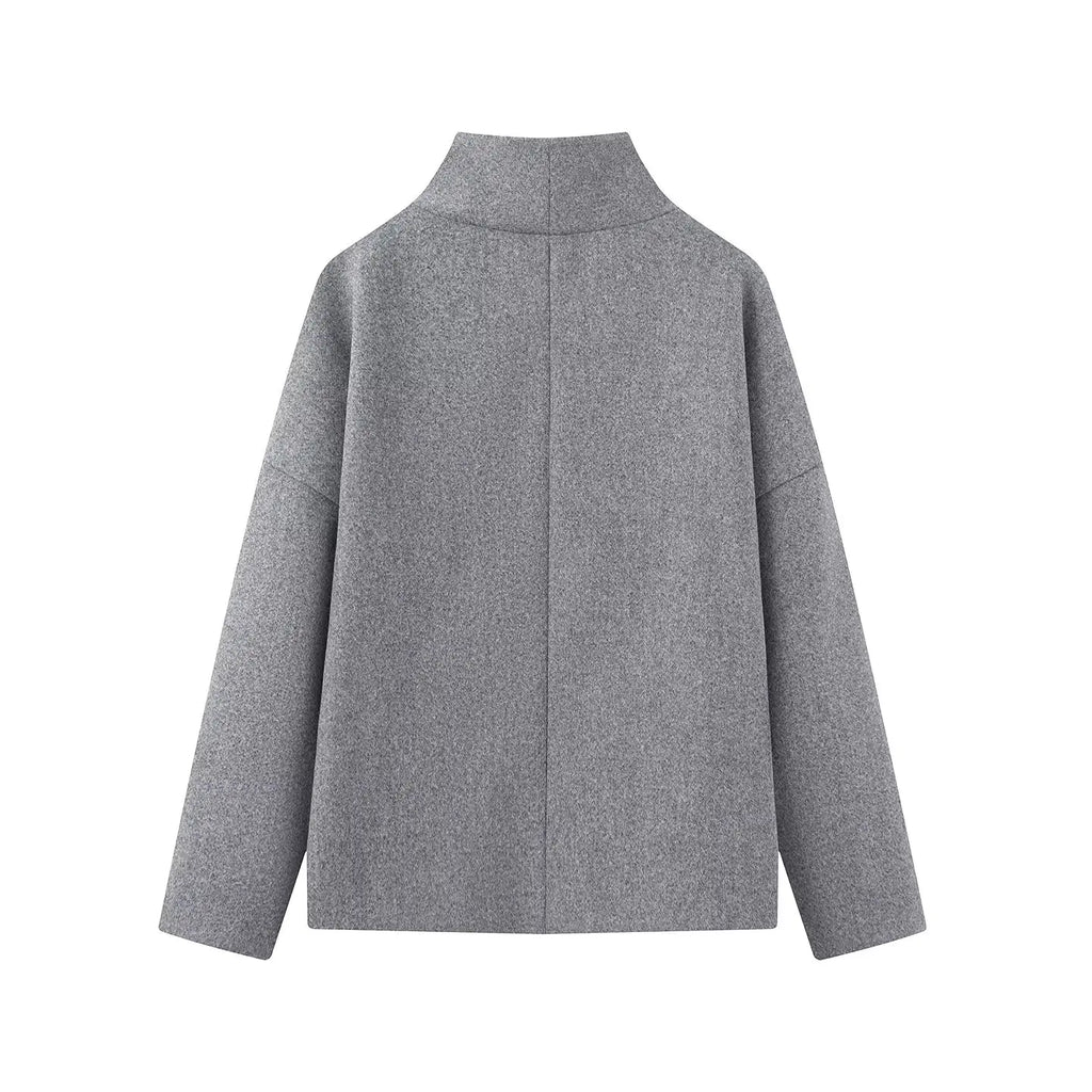 Women's High-Neck Double-Breasted Jacket with Pockets