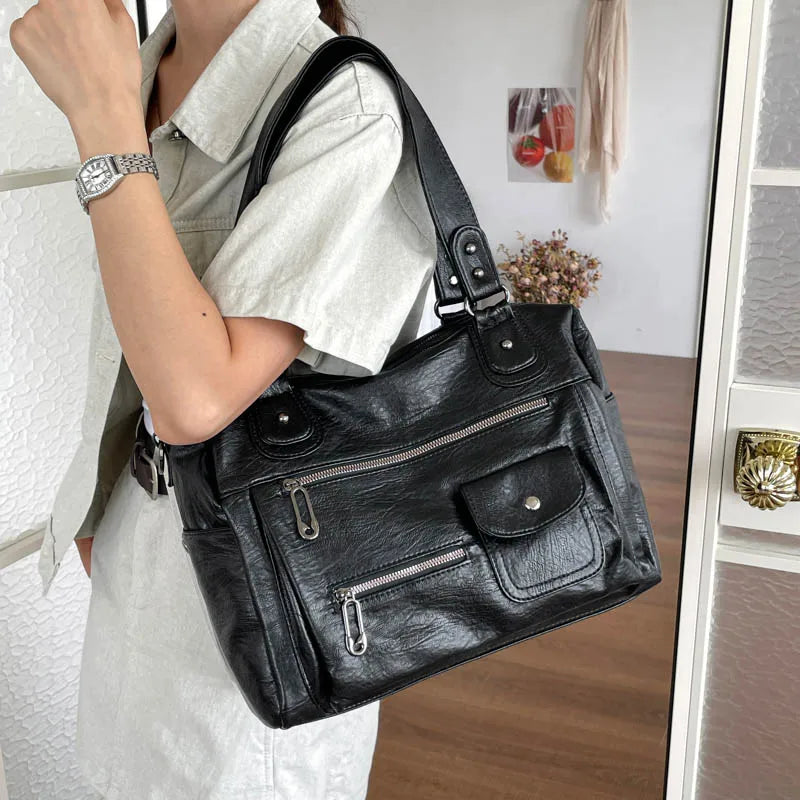 Women's Vintage PU Leather Tote Bag - Top Handle, Large Capacity, Crossbody